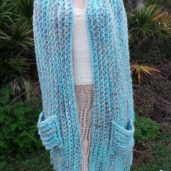HANDMADE Absolutely Gorgeous & Soft Aqua/Tan/White X-Large Wrap w/Pockets Fringe - Picture 10 of 11